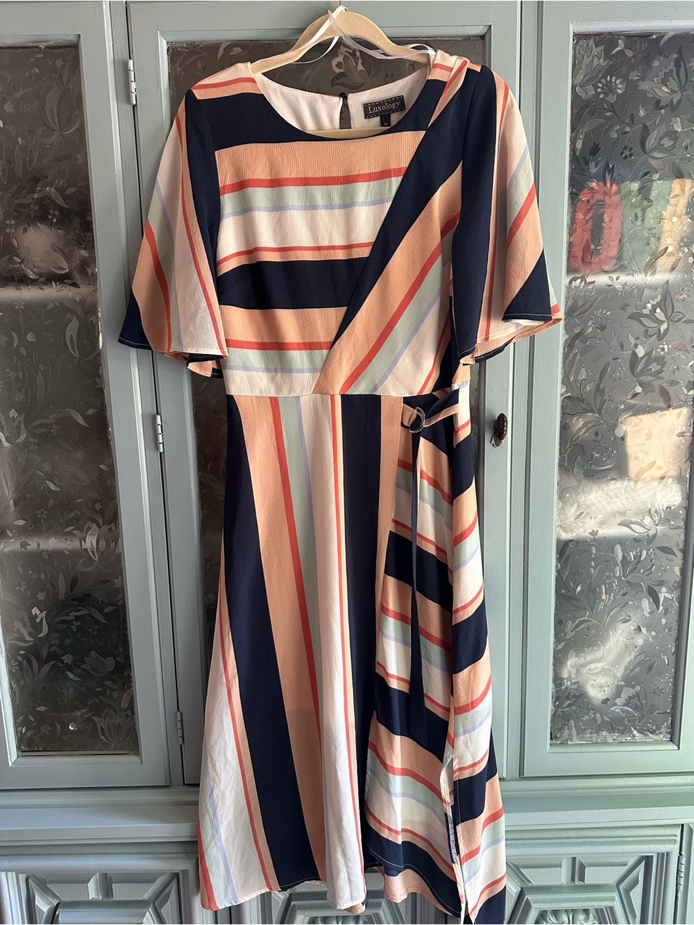 Luxology Navy, Peach & Cream Striped Midi Dress
